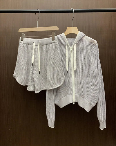 Women's Knitted Hollow Suit Hooded Cardigan Sweatshirt+V -Neck Pullover Top +High Waist Shorts 3 Piece Set Woman Clothing