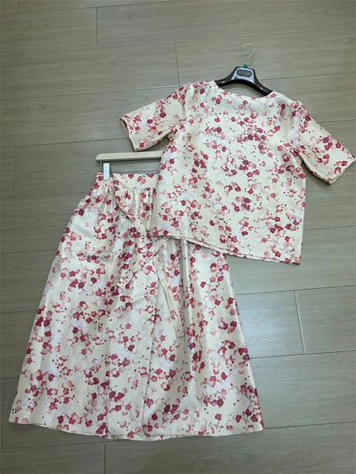 L*P New Woman Clothing Silk 3 Piece Set Printed Pullover Short sleeve top  + Front Button Up Shirt Top+ High Waist Skirt Suit