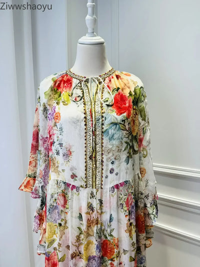High Quality Autumn Women Fashion Runway Designer 100% Silk Colorful Flower Printed O-Neck Slit Beaded Vintage Party Long Dress