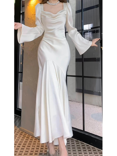 High Quality French Style Long Sleeve Dress Advanced Satin White Long Dress Dinner Dress