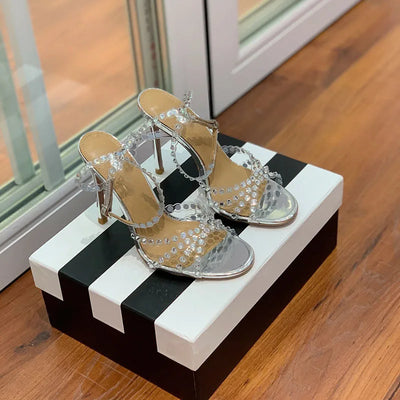 Summer Fashion New French Sparkling Chain Real Leather Shoe Pads Crystal Shoes Water Diamond Versatile High Heel Sandals