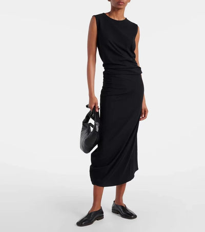 Le*re Women's Long Dresses In Cotton Black Waist Fold Dress 024 Luxury Design Jumpsuits Women's Clothing