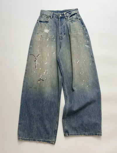 Splash-ink High-waisted Wide-leg Cotton Jeans Woman