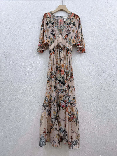EVACANDIS 100% Real Silk Women Short Flare Sleeve Floral Printing Midi Dress A-Line Bohemian Vintage Elegant Chic V-Neck Diamond
