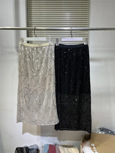 Women Heavy Industry Sequins Skirt Versatile Slim Fit Split Bag Hip Long Skirts High-quality Summer B*C Woman Clothing