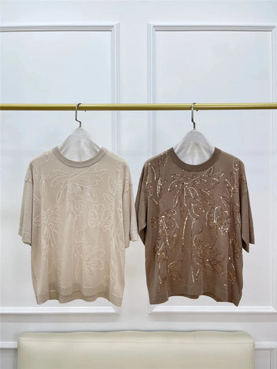 2024 High Quailty Sequins Embroidery Short-Sleeved Female Top T-Shirt