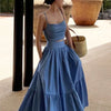 Blue Elegant Boat-Neck Seaside Holiday Beach Dress Camisole Skirt Suit Two-Piece Set for Women