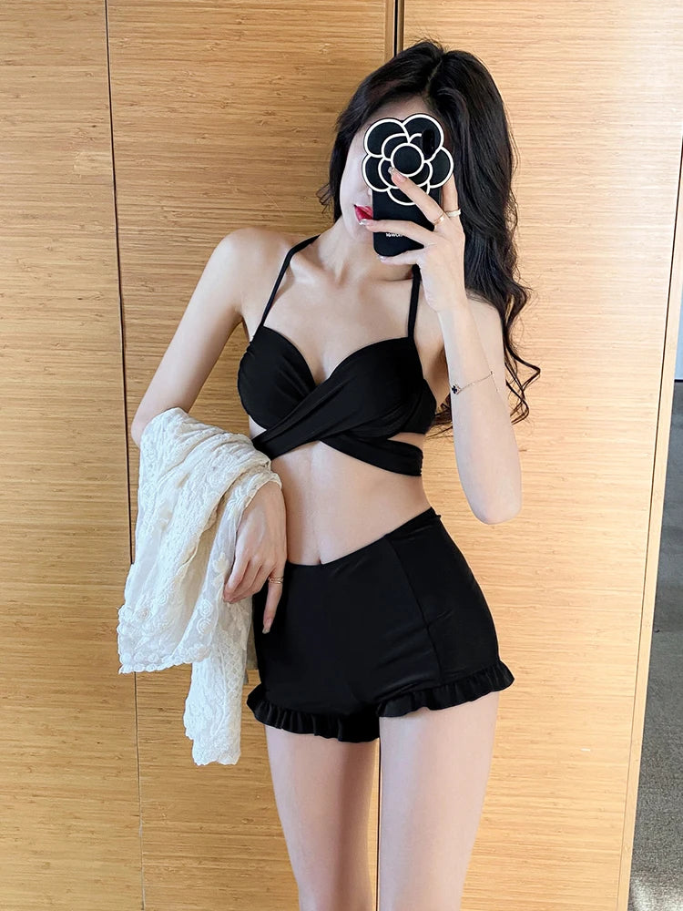 Bikini Set Blouse Sexy Lace-up Covering Belly Thin New Lace Hot Spring Bathing Suit Women Swimwear