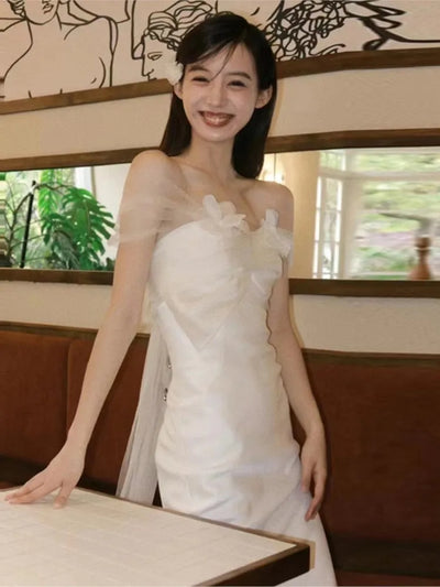 Mori Style Simple Lightweight Wedding Dress Fishtail Light Luxury White Small Tail  Yarn Slim Fit Slimming Bride Engagement