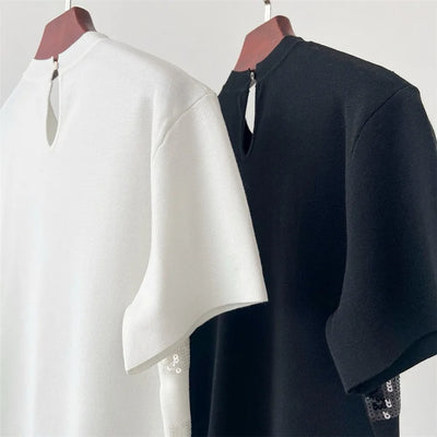 Summer B*C Women's T-shirt Sequined Blended Short-sleeved Pullover Knitted Top white black