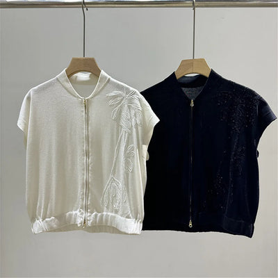 2024 Summer New B/C Sequins Embroidery Zip Knitted Cardigan Silk Cashmere Loose Short-Sleeved Blouse