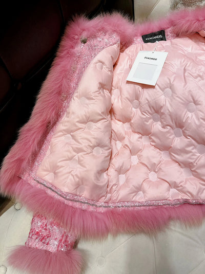 EVACANDIS High Quality Women Sequins Fox Fur Down Lining Quilted Pink Coat Fairycore Elegant Chic Luxury Tops Office Lady Jacket