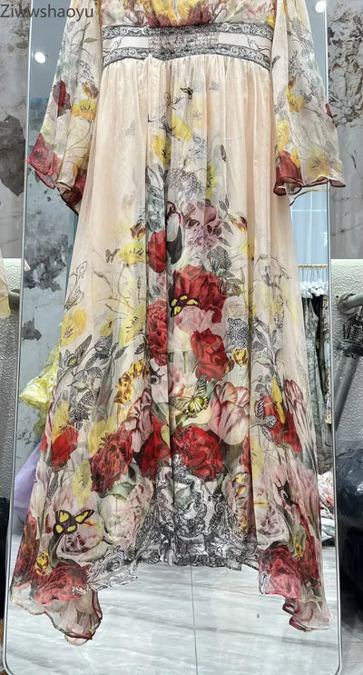 High Quality Autumn Women Fashion Runway Designer 100% Silk Beaded V-Neck Vintage Full Sleeve Holiday Party Maxi Dress