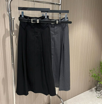 2023 autumn winter women belt long pleated skirts elegant basic solid skirt black grey