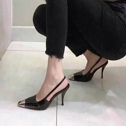 2024 New Style High Heel Shoes for Women, Metal Small Square Head Slim Heel Sandals for Women with One Button Back Strap