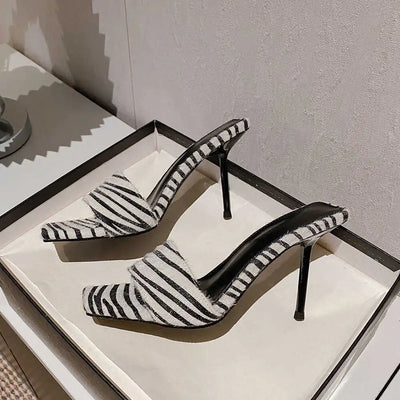 Open Toe Zebra Print Mules Black and White Stripe Stiletto Heels Classic Summer Sexy Lady Dress Party Casual Shallow Sandals