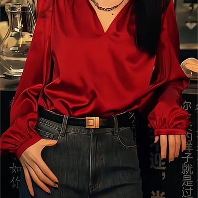 New Tail Teeth Red Satin Slim Shirt Women's All-Match Sense Western Style Fashion