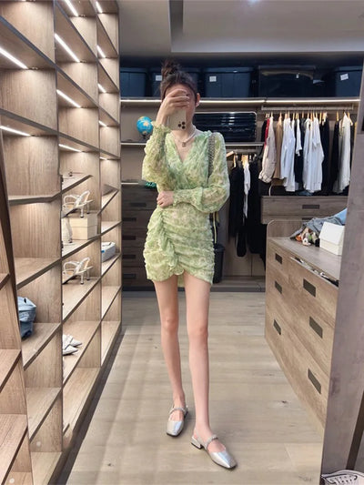 New French Tea Break Classic Style High-Grade First Love Gentle Green Shivering Dress for Women