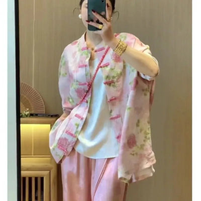 New Chinese Style Improved Short Coat Women's Retro Light National Printed Cardigan Button Top