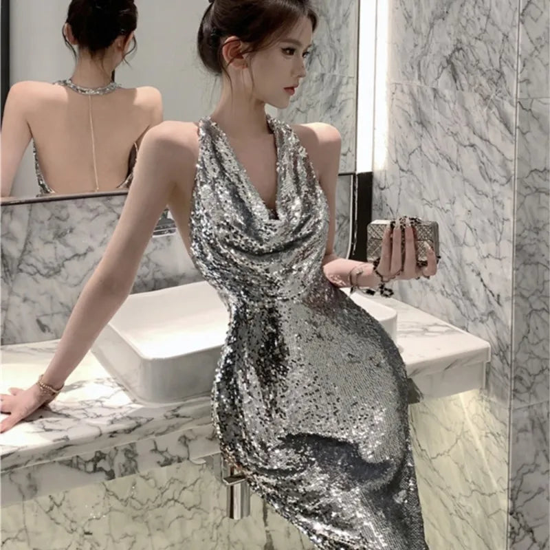 Hepburn style silvery sequined femininity halter dress