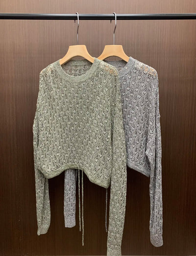 24 New B//C Spring and Summer Thin Hollow Sequins Linen Knit Long Sleeve Round Neck Pullover Short Tops