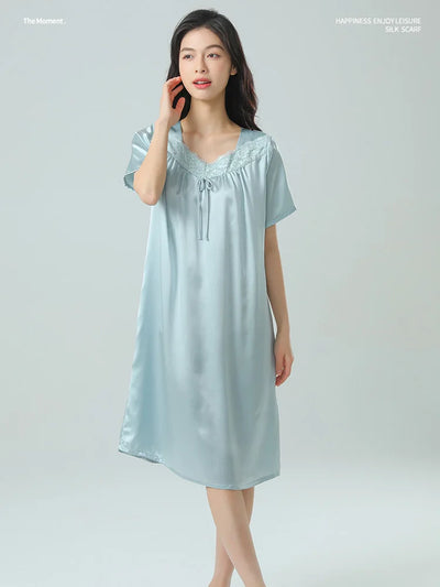 100% Silk Nightdress Women's Lace Collar Solid Color Sexy Pajamas Loose Comfortable Gift Home Wear