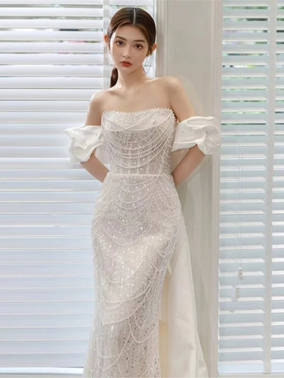 French Light Wedding Dress Heavy Industry Fishtail Luxury Bride Welcome Yarn Banquet Host off-the-Shoulder Gown Female