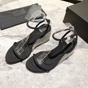 2024 Summer Water Diamond Solid Color Sandals Women's New Letter Retro Open Toe Slope Heels Crystal High Heels