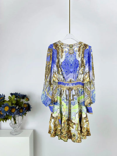 EVACANDIS 100% Real Silk Runway Designer Women Puff Sleeve V-Neck Printing Dress Vintage Bohemian High Quality Chic Elegant