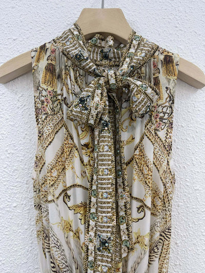 EVACANDIS 100% Real Silk Women New Sleeveless Midi Dress Luxury Chic Elegant Vintage Bohemian High Quality Turtleneck Printing