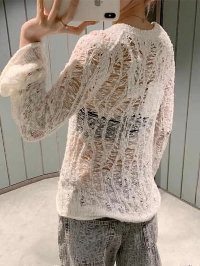 2024 summer new women white hollow out knitted pullover sweaters long flare sleeve o-neck jumpers