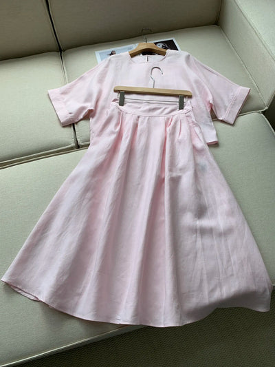 Women's Round Neck Mid-Sleeve Loose Linen Top, High Waist Skirt, Retro Umbrella Skirt Suit, Simple Fashion, 2024