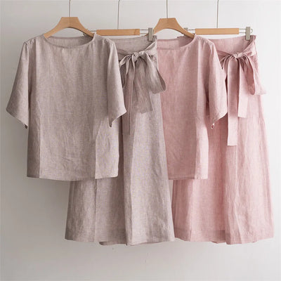 Women's Clothing Imported Linen Top Short Sleeve + High Waist Half Body Skirt 2 Piece Set