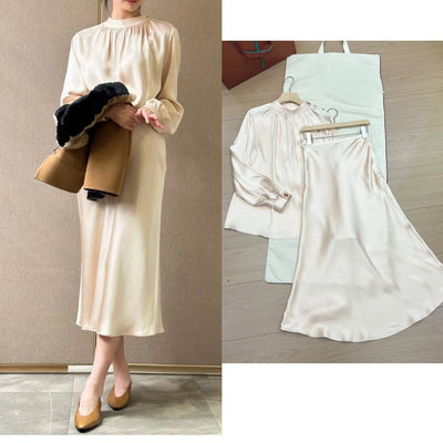 Summer 2024 L*P Women's Skirts Suit Chiffon Silk Long Sleeve Pullover + High Waist Fishtail Skirt Woman Clothing 2 Piece Set