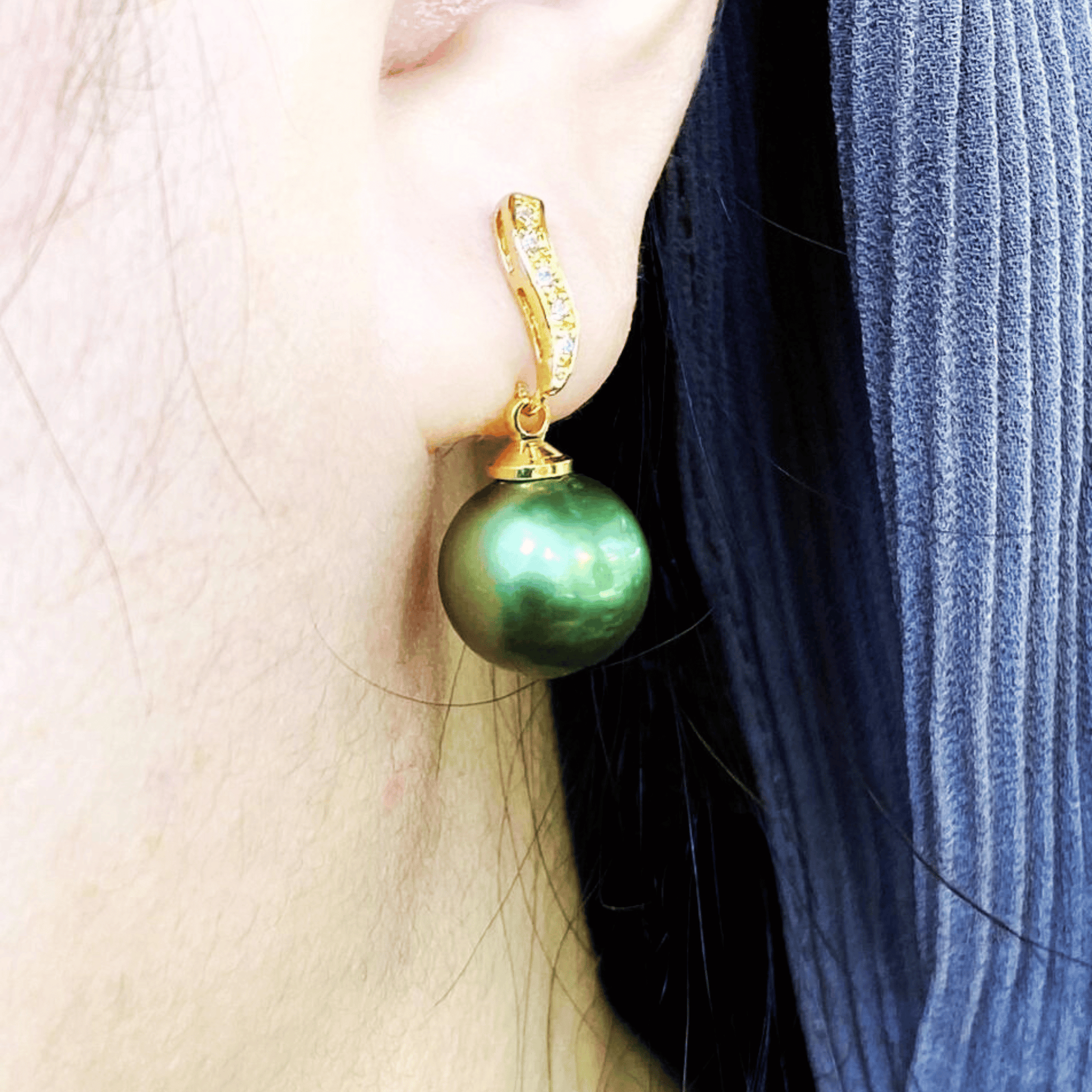 Tahitian South Sea Pistachio Pearls Oatsland Dangling Earrings 12-13 mm AAA-2