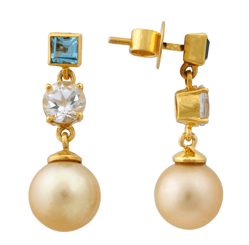 Golden South Sea Pearl with Blue Topaz & White Topaz Stones Blaxland Drop Earrings 9.5 - 10.5 MM-0