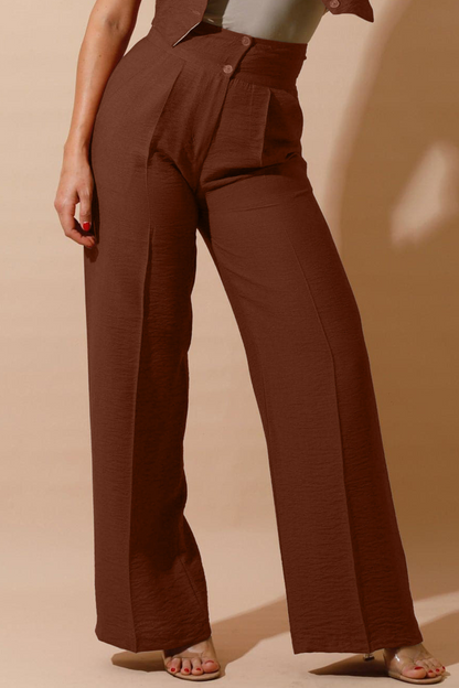 High Waist Linen-Blend Pants - Brown-0