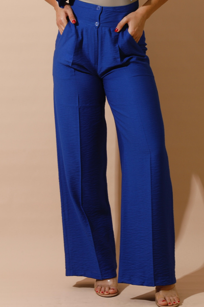 High Waist Linen-Blend Pants - Blue-0