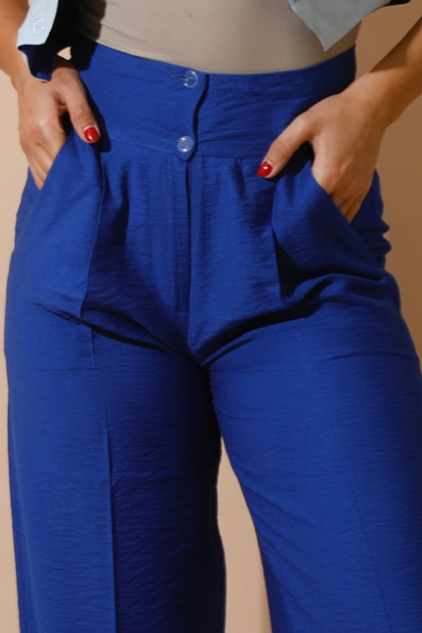 High Waist Linen-Blend Pants - Blue-4