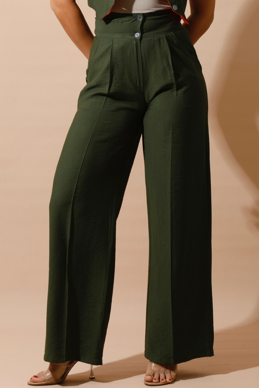 High Waist Linen-Blend Pants - Olive-0