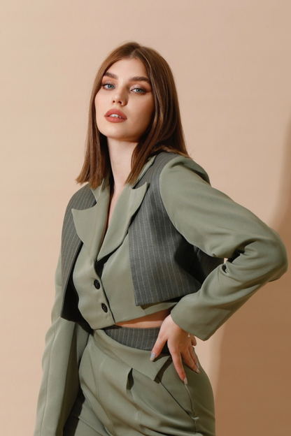 Cropped Pinstriped Blazer - Olive-2