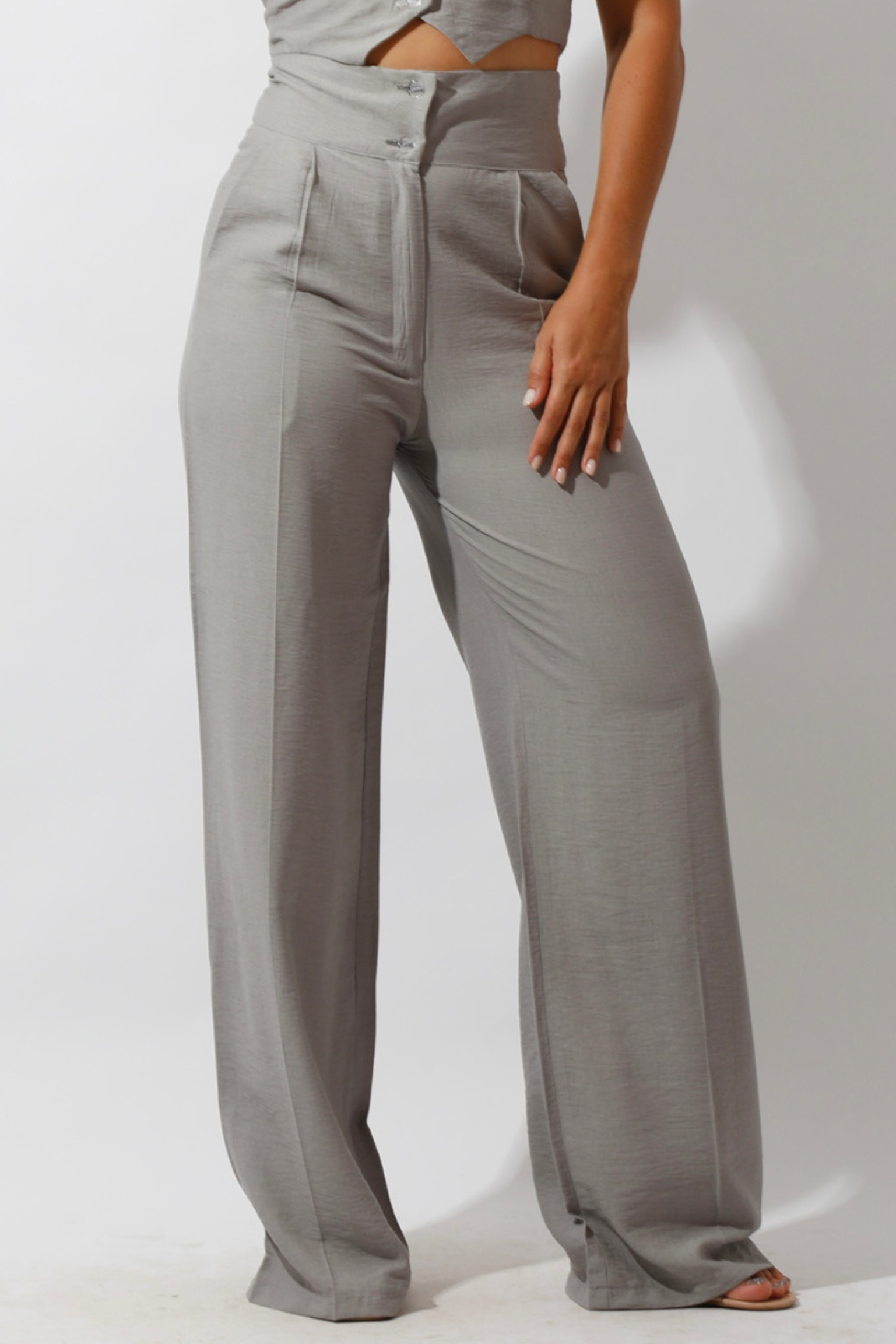 High Waist Linen-Blend Pants - Gray-0