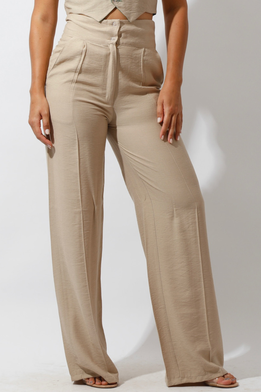 High Waist Linen-Blend Pants - Beige-0