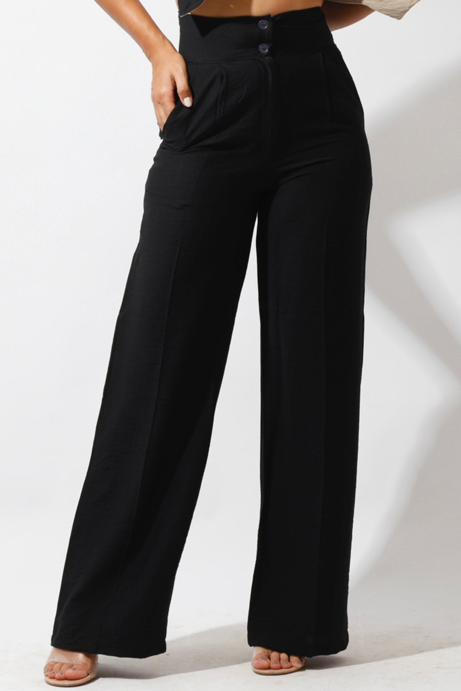 High Waist Linen-Blend Pants - Black-0