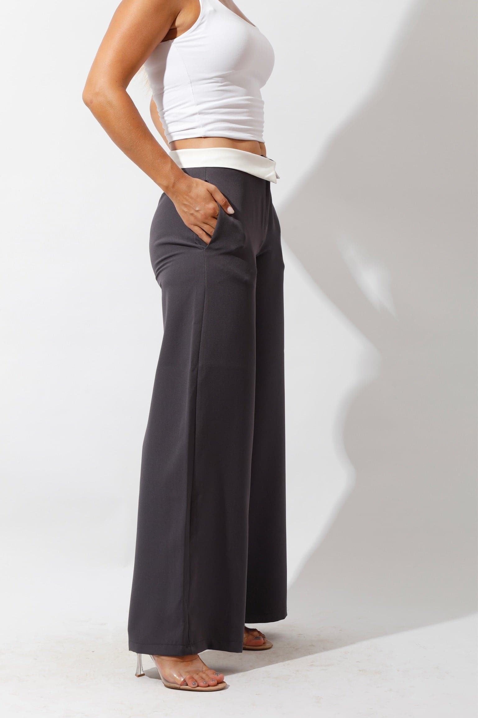 Reversed Waistband Wide Leg Pants - Gray-2