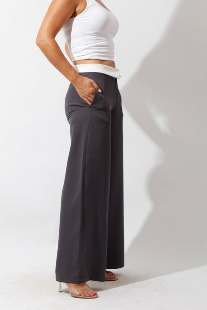 Reversed Waistband Wide Leg Pants - Gray-2