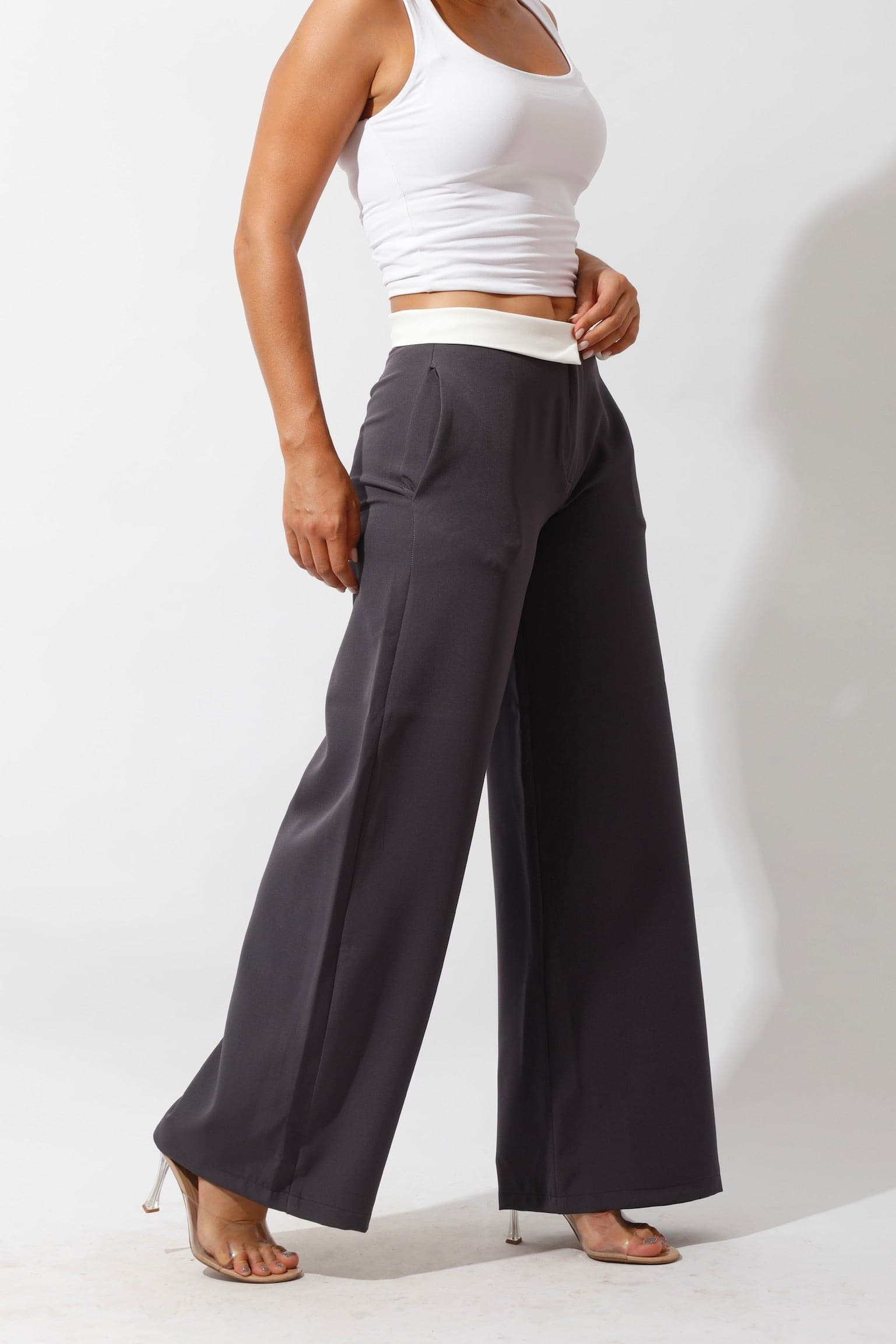 Reversed Waistband Wide Leg Pants - Gray-3