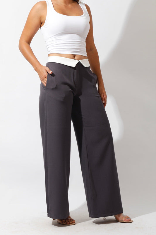 Reversed Waistband Wide Leg Pants - Gray-0