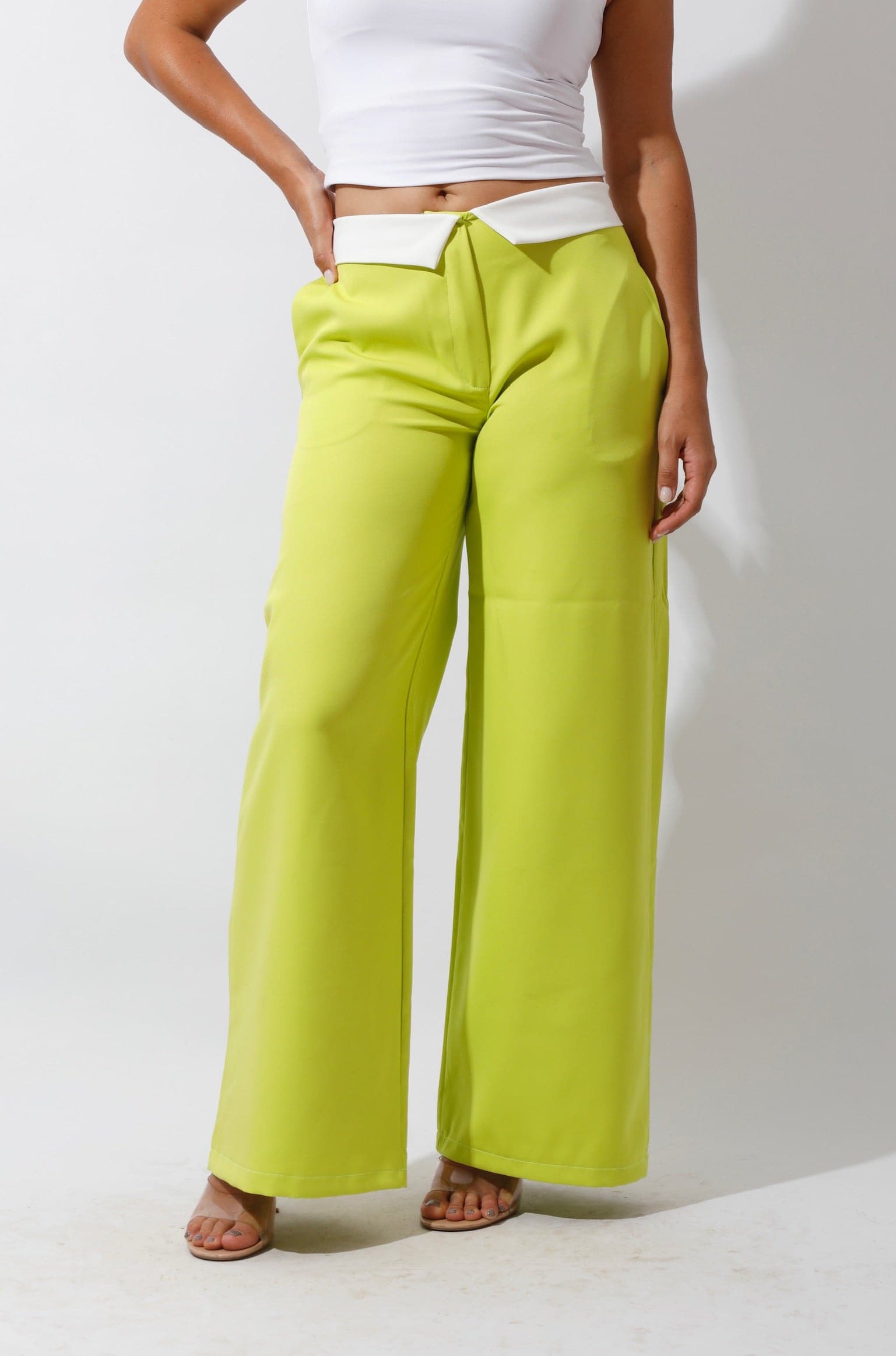 Reversed Waistband Wide Leg Pants - Lime Green-0