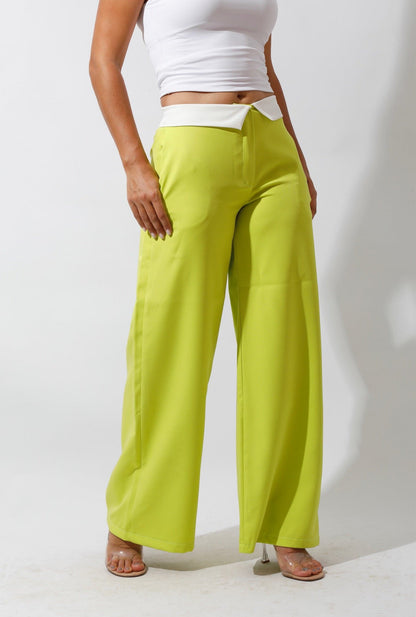 Reversed Waistband Wide Leg Pants - Lime Green-1